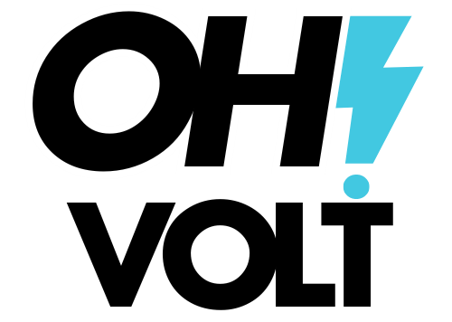 Logo with 'OhVolt' text and a blue lightning bolt on a white background