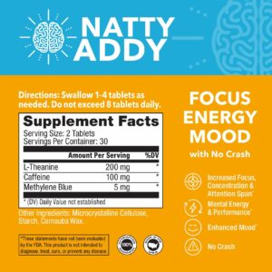Natty Addy Maximum Strength Brain Support - Methylene Blue Pharmaceutical Grade, Caffeine and L-Theanine - Focus Supplement 60 caps
